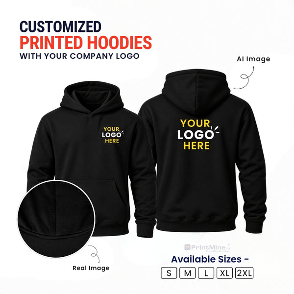 Black hoodie with a custom company logo printed on front & back