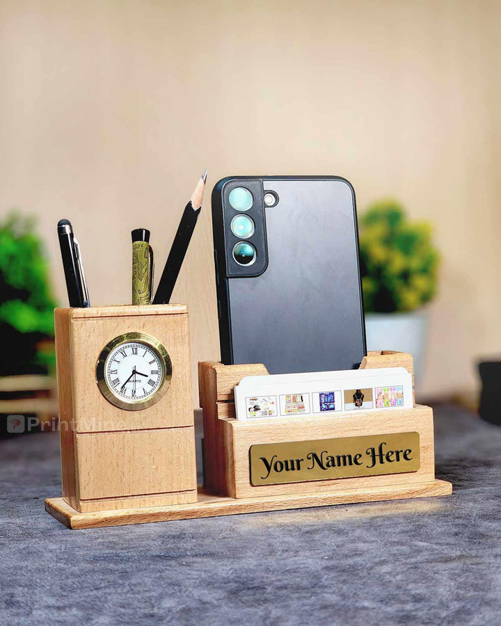 Multipurpose wooden texture mobile & pen stand with watch Design 05 - PrintMine Main