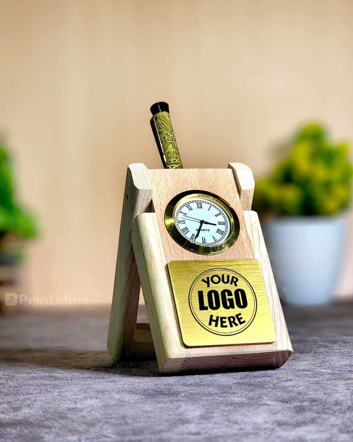 Small wooden pen stand with watch - PrintMine Main