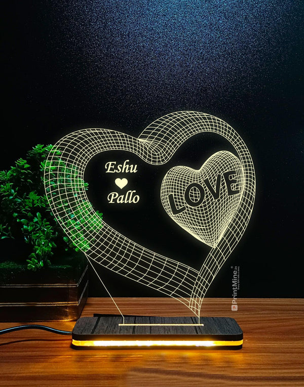 Personalized 3D Heart Shape Illusion Couple Name Lamp | Lovely Gift for Partner | PrintMine.in