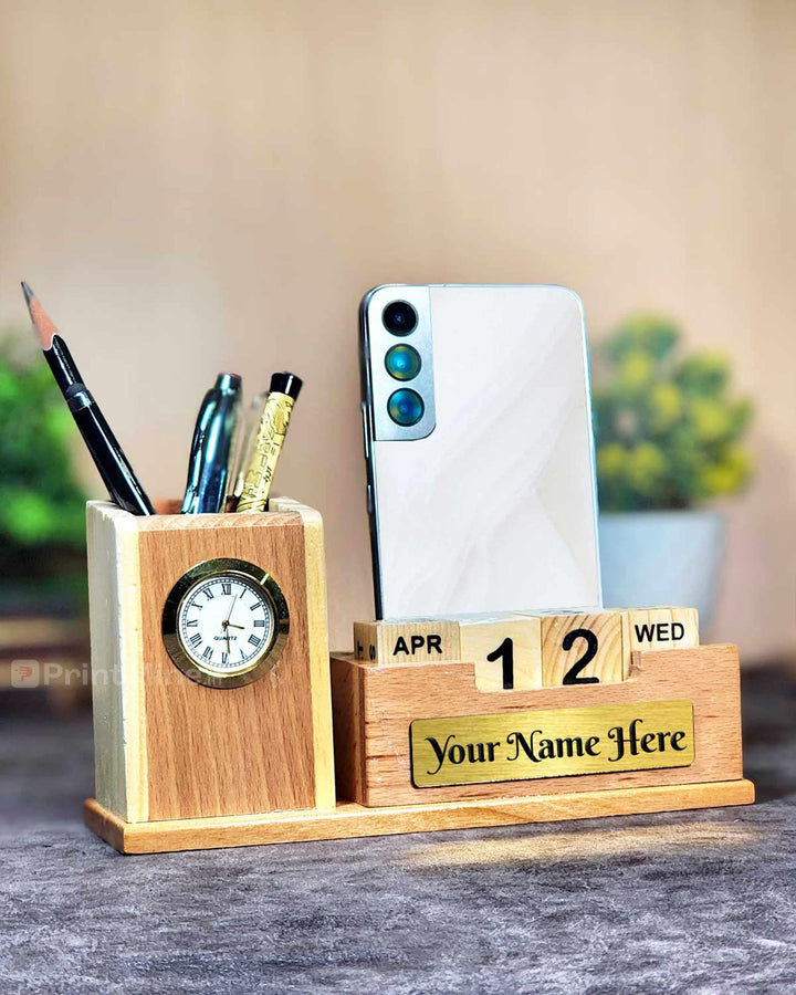 Wooden Texture Mobile Stand, Pen Stand with Watch Design 01 - PrintMine Main