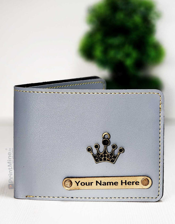 Premium Quality Men's Wallet With Name & Charm (Light Gray)